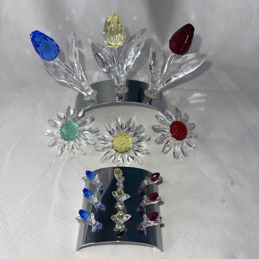 Swarovski Tulips Red Yellow Blue 3.5" Chrome Stand. 9 Mini Tulips & 3 Daisies